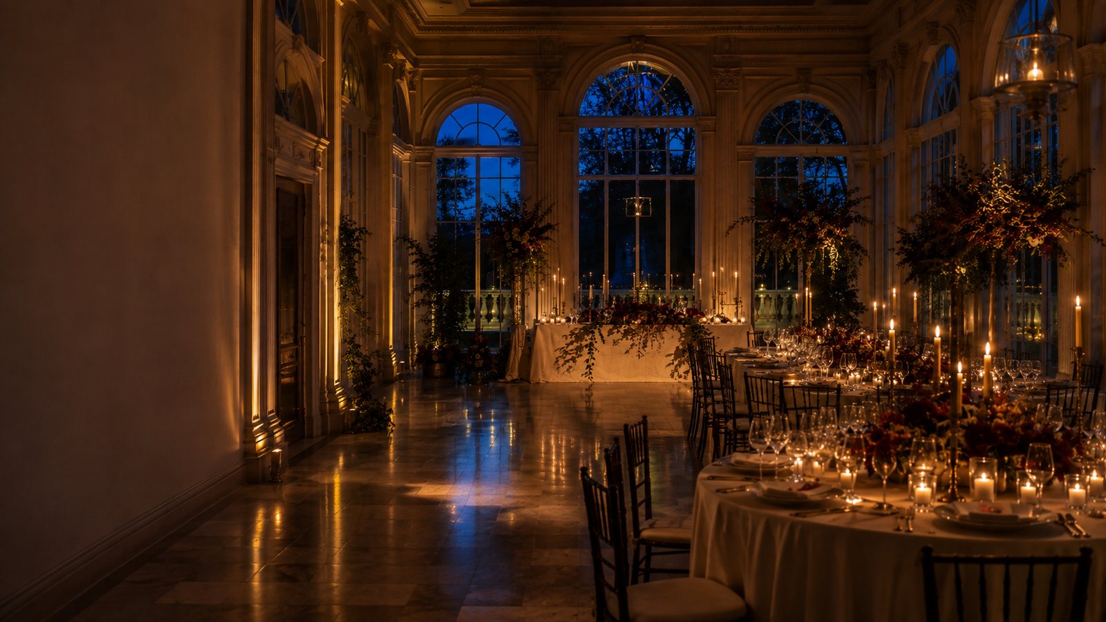 Candlelit salon with a long dining table, tall florals and arched windows — studio concept imagery.