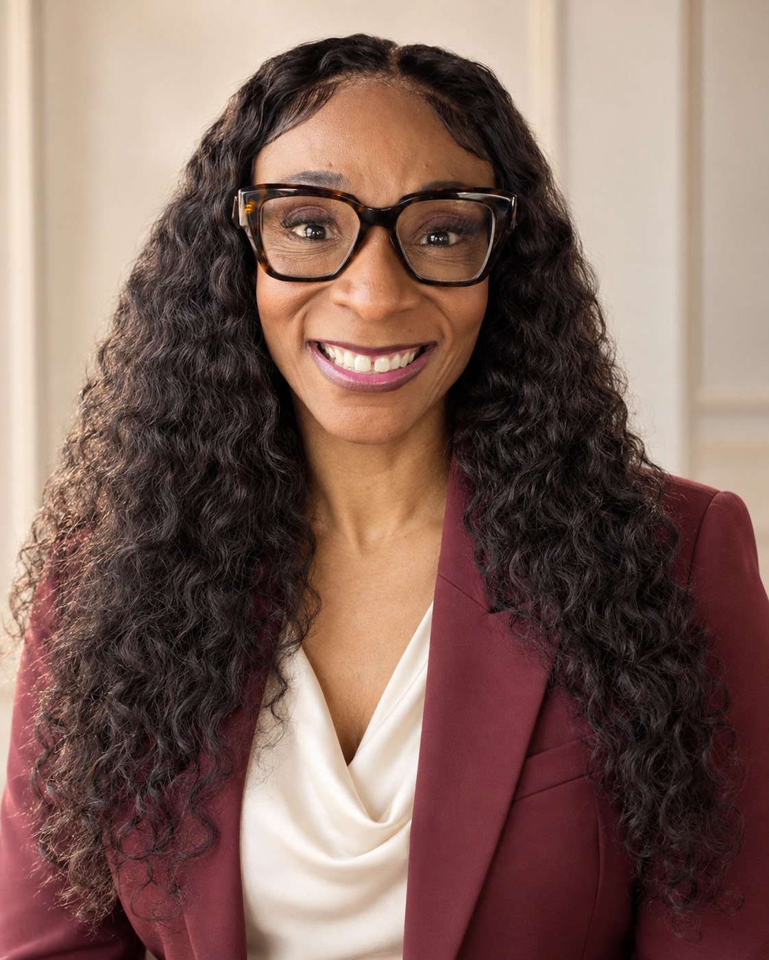 Twanita, founder of Elegant Reverence, smiling in a garnet blazer over an ivory blouse against a soft neutral backdrop.