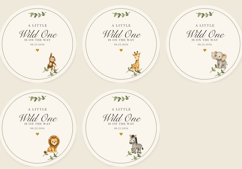 Five round safari candle label variants — monkey, giraffe, elephant, lion and zebra — in an ivory and laurel palette.