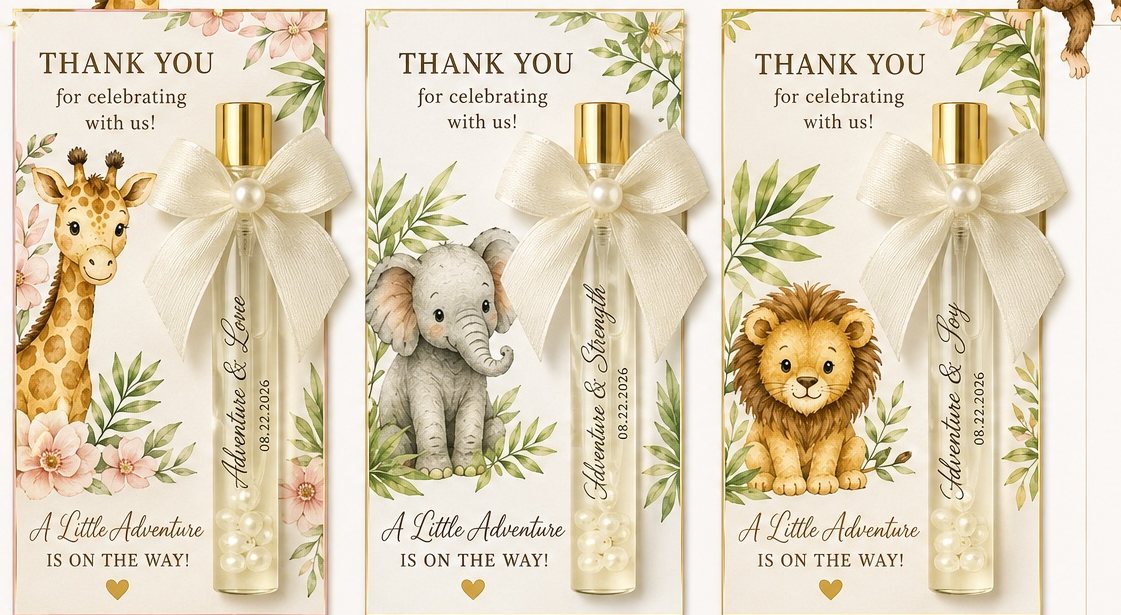 Three coordinated safari perfume favor cards — giraffe, elephant and lion watercolor designs with gold-capped vials and satin bows.